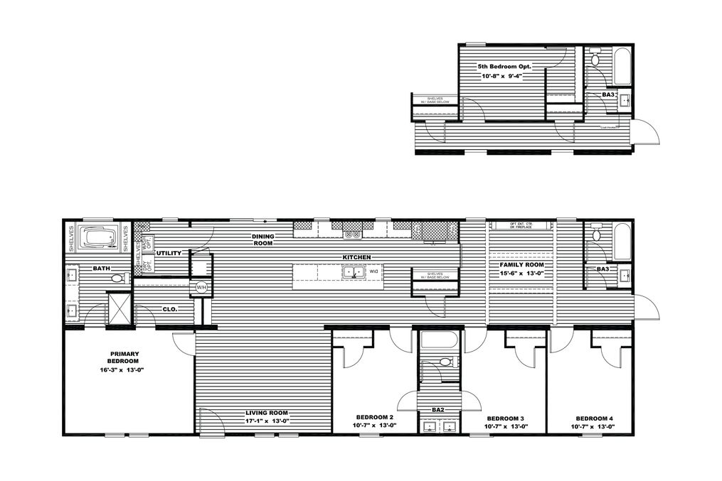 The BOUJEE XL Floor Plan. This Manufactured Mobile Home features 4 bedrooms and 3 baths.