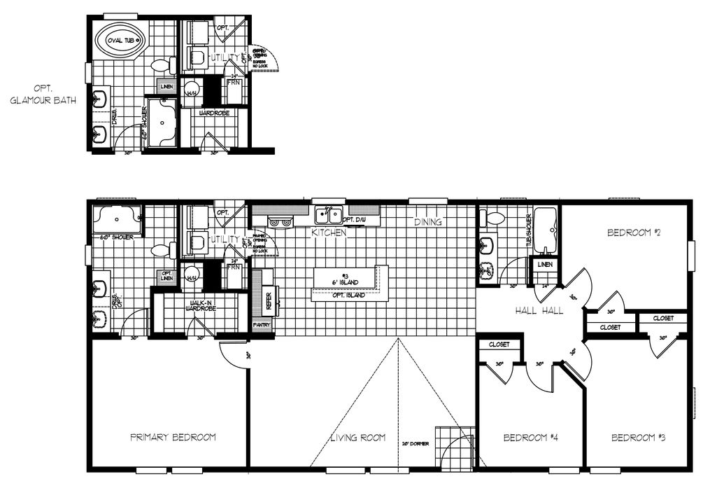 The K2760B Floor Plan. This Manufactured Mobile Home features 4 bedrooms and 2 baths.
