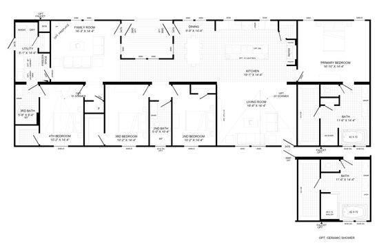 The THE HEWITT Floor Plan. This Manufactured Mobile Home features 4 bedrooms and 3 baths.