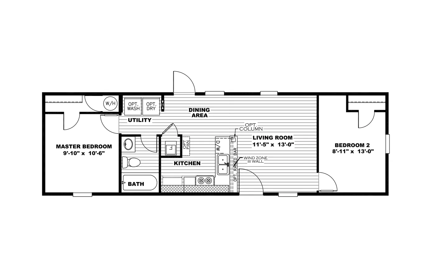 The LITTLE DIPPER Floor Plan. This Manufactured Mobile Home features 2 bedrooms and 1 bath.