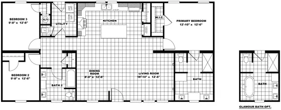 The THE BREEZE Floor Plan. This Manufactured Mobile Home features 3 bedrooms and 2 baths.