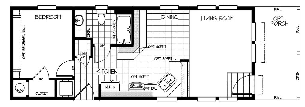 The K1640A Floor Plan. This Manufactured Mobile Home features 1 bedroom and 1 bath.