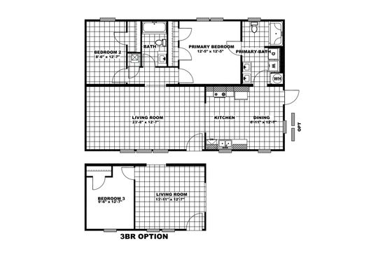 The HOMESTEAD Floor Plan. This Manufactured Mobile Home features 2 bedrooms and 2 baths.