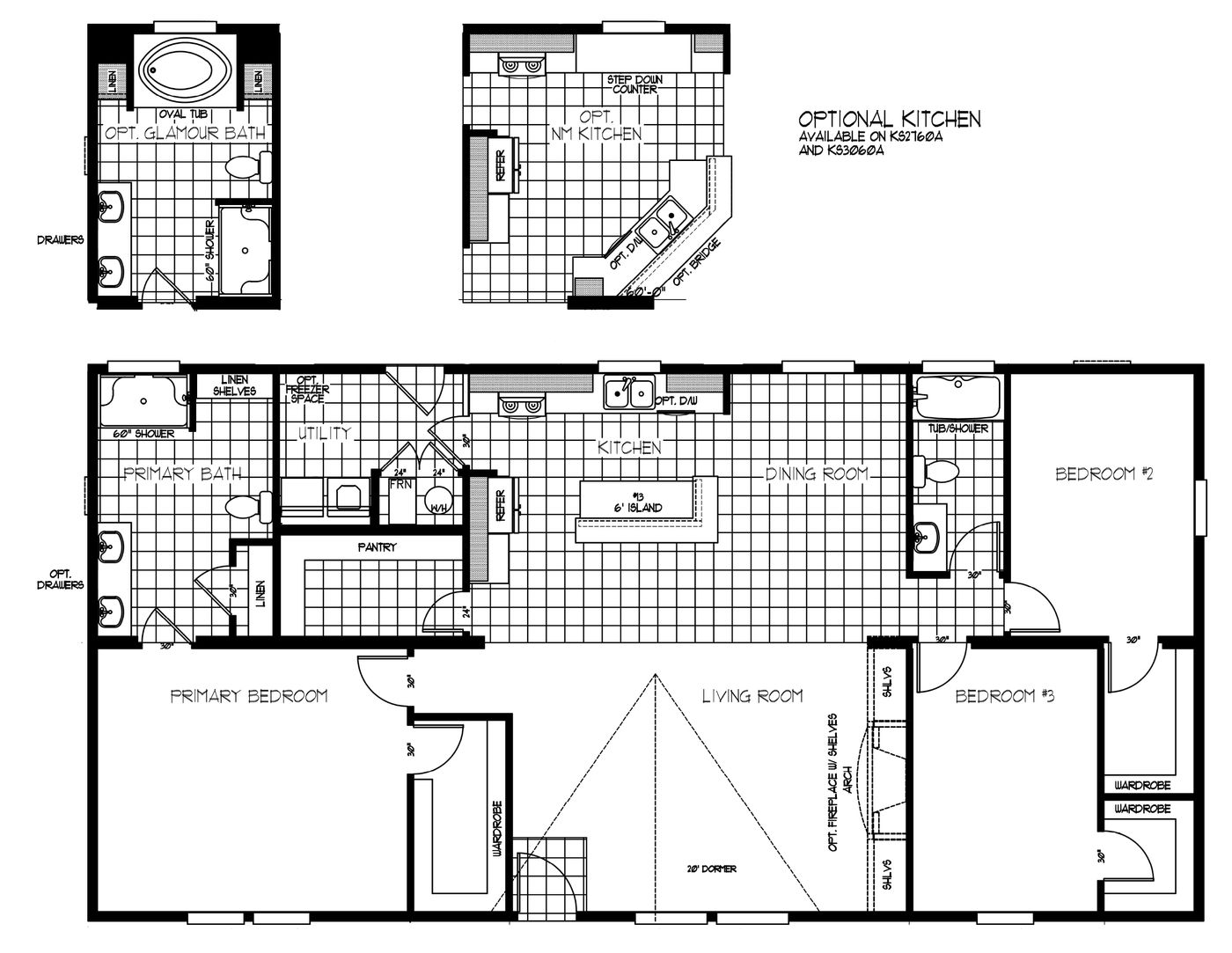 The K3060A Floor Plan. This Manufactured Mobile Home features 3 bedrooms and 2 baths.