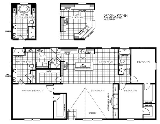 The K3060A Floor Plan. This Manufactured Mobile Home features 3 bedrooms and 2 baths.