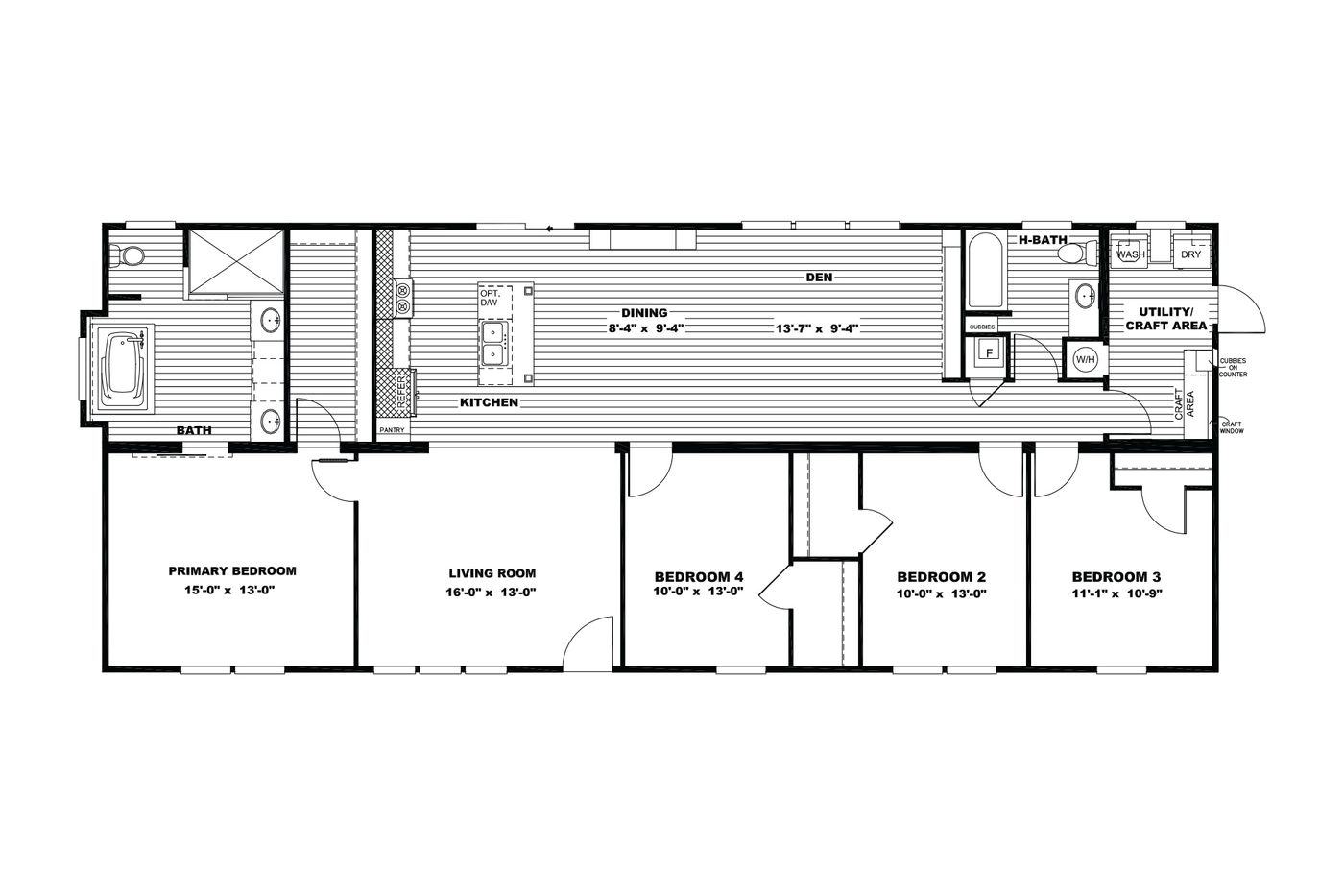 The THE REVERE Floor Plan. This Manufactured Mobile Home features 4 bedrooms and 2 baths.
