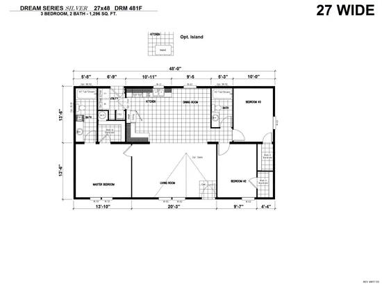 The DRM481F 48' DREAM Floor Plan. This Manufactured Mobile Home features 3 bedrooms and 2 baths.