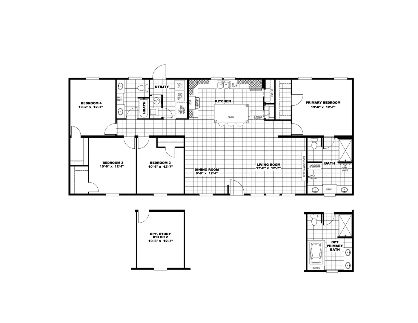 The ISLAND BREEZE 64' Floor Plan. This Manufactured Mobile Home features 4 bedrooms and 2 baths.