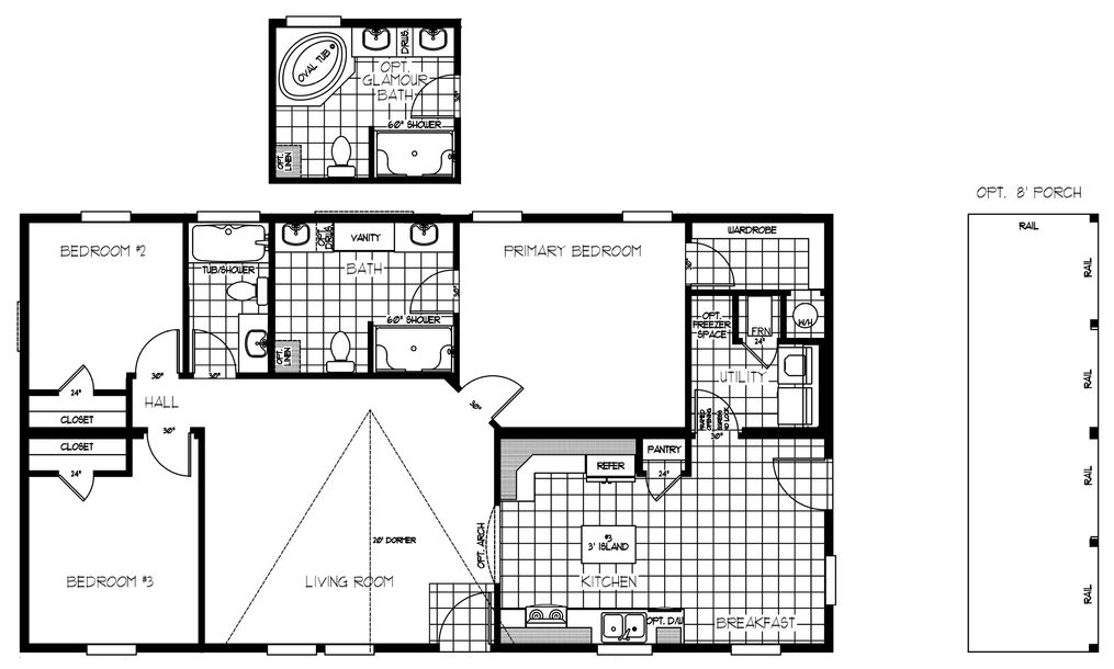 The K2750A Floor Plan. This Manufactured Mobile Home features 3 bedrooms and 2 baths.