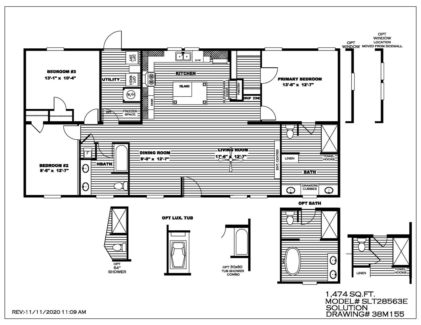 The BREEZE FARMHOUSE Floor Plan. This Manufactured Mobile Home features 3 bedrooms and 2 baths.