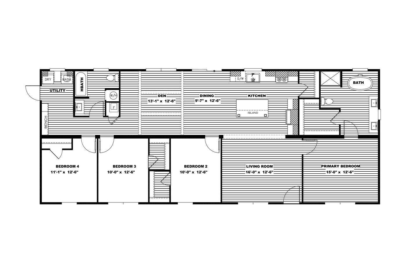 The AMELIA Floor Plan. This Manufactured Mobile Home features 4 bedrooms and 2 baths.