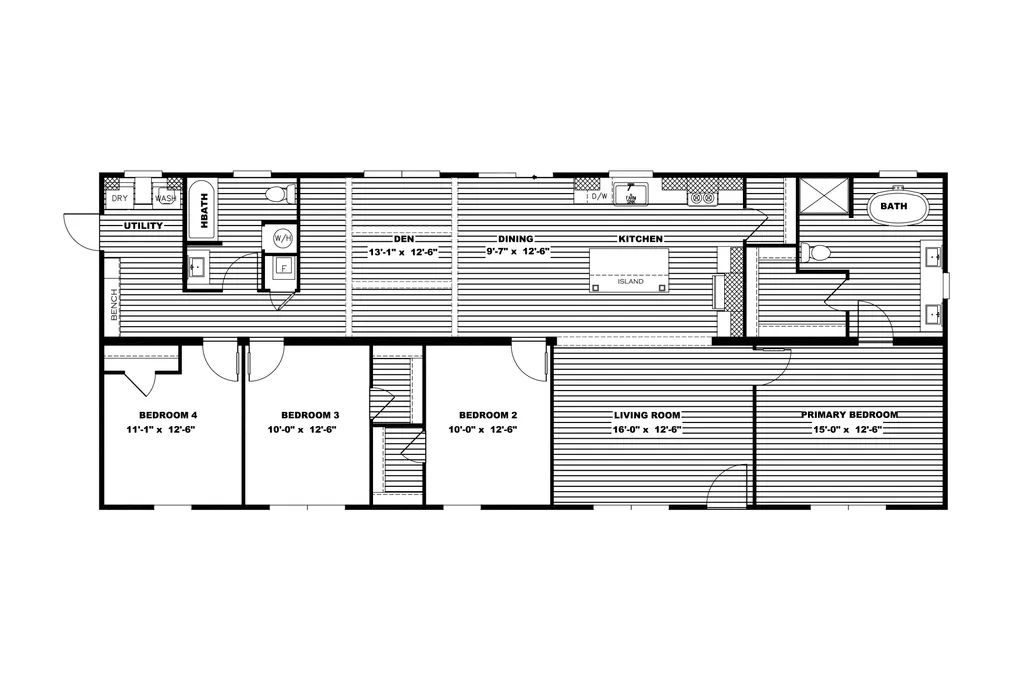 The AMELIA Floor Plan. This Manufactured Mobile Home features 4 bedrooms and 2 baths.