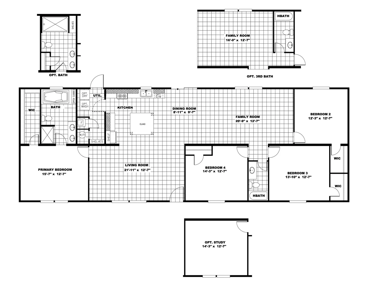 The ULTRA PRO 76 Floor Plan. This Manufactured Mobile Home features 4 bedrooms and 2 baths.