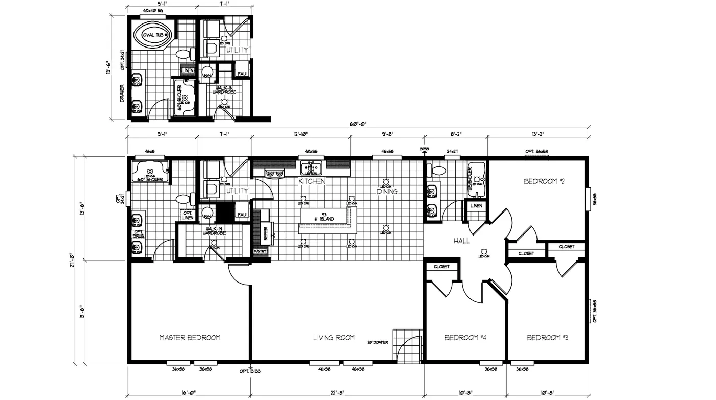 The K2760B Floor Plan. This Manufactured Mobile Home features 4 bedrooms and 2 baths.
