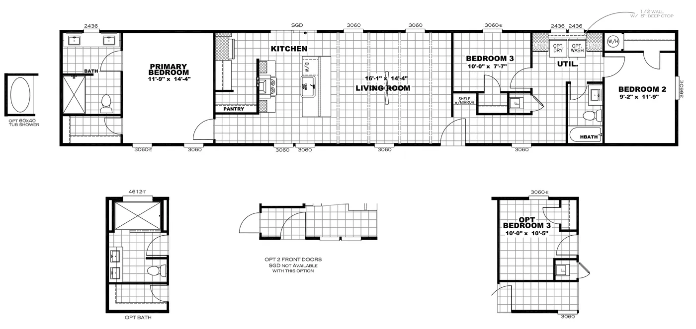 The INSPIRATION 16803A Floor Plan. This Manufactured Mobile Home features 3 bedrooms and 2 baths.
