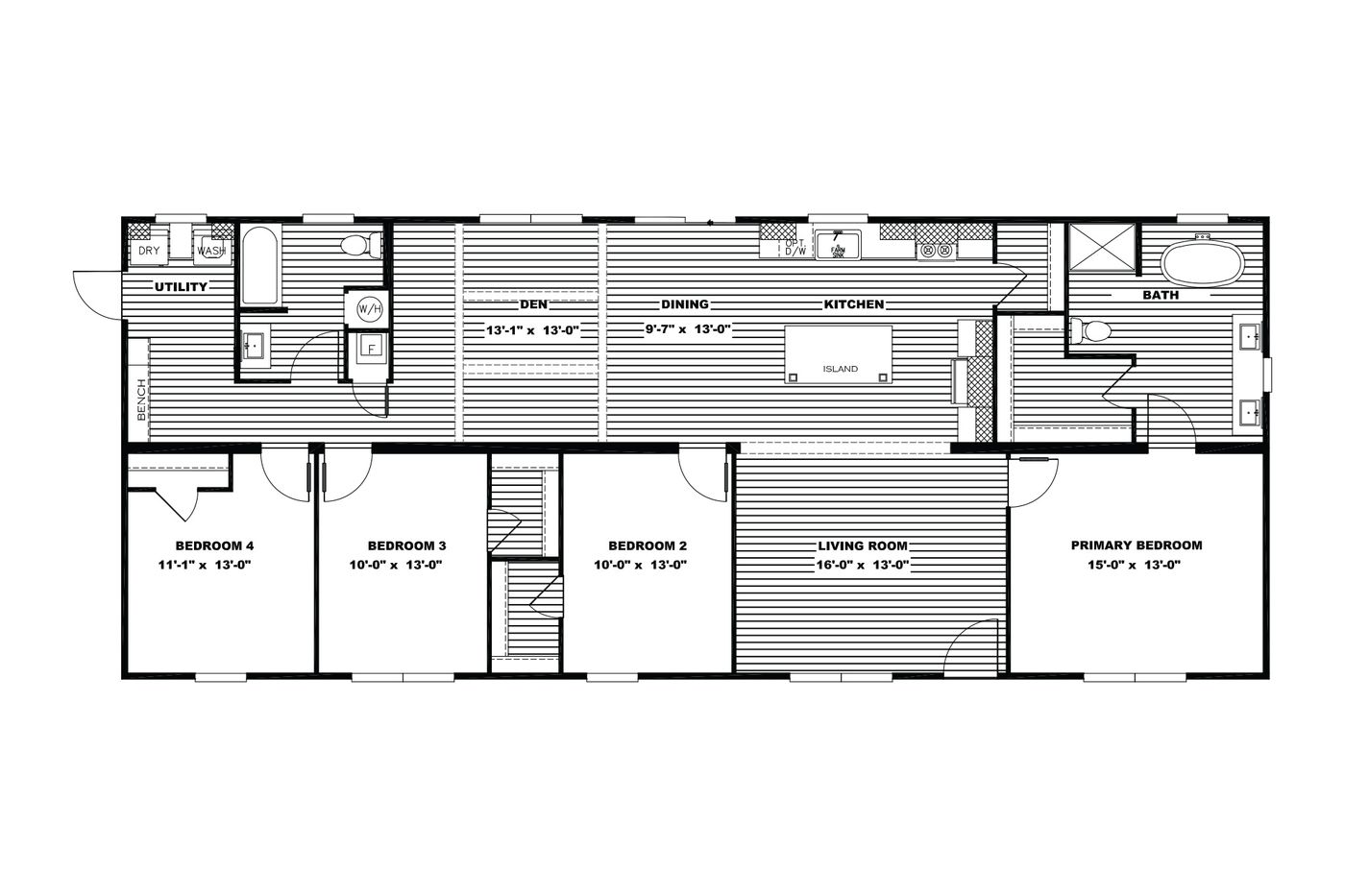 The AMELIA Floor Plan. This Manufactured Mobile Home features 4 bedrooms and 2 baths.