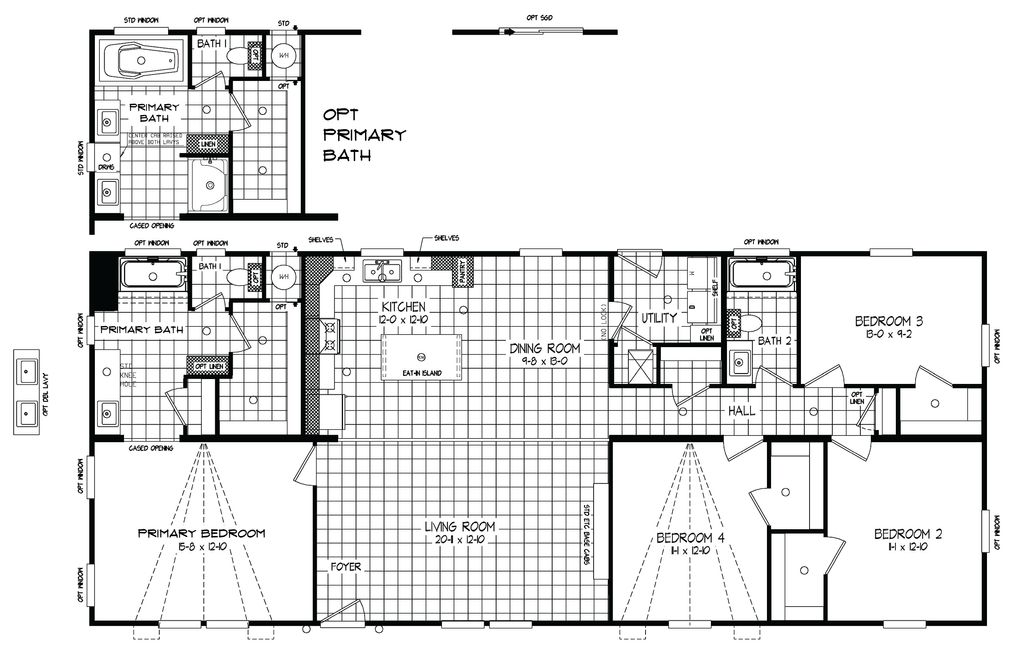 The EBONY Floor Plan. This Manufactured Mobile Home features 4 bedrooms and 2 baths.