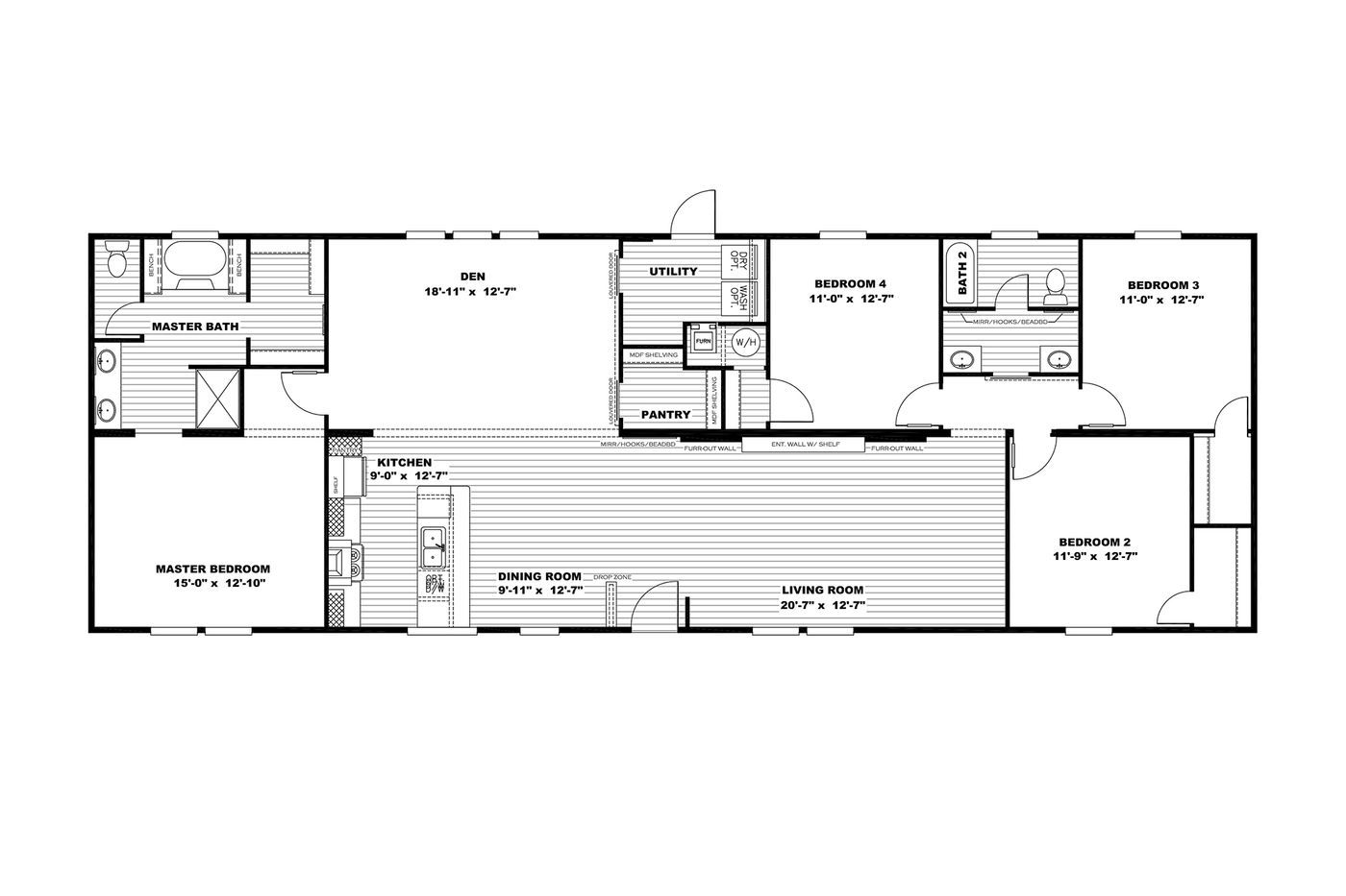 The THE BREEZE 2.5         CLAYTON Floor Plan. This Manufactured Mobile Home features 4 bedrooms and 2 baths.