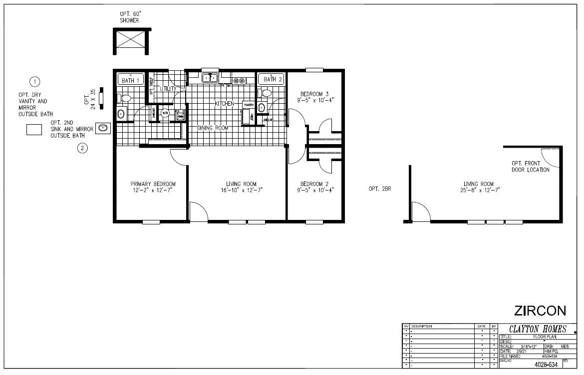 The ZIRCON Floor Plan. This Manufactured Mobile Home features 3 bedrooms and 2 baths.