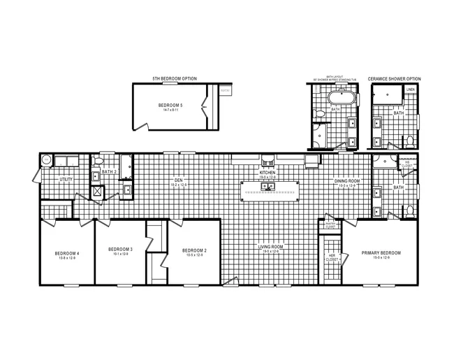 The 4621 "THE CHARLESTON" 7628 Floor Plan. This Manufactured Mobile Home features 4 bedrooms and 2 baths.
