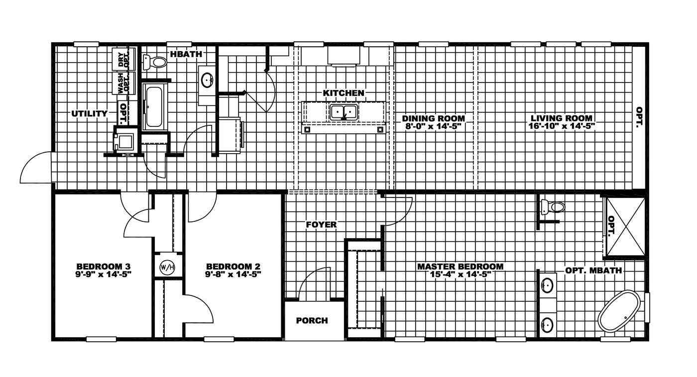 The FREEDOM FARM HOUSE  32X60 Floor Plan. This Manufactured Mobile Home features 3 bedrooms and 2 baths.