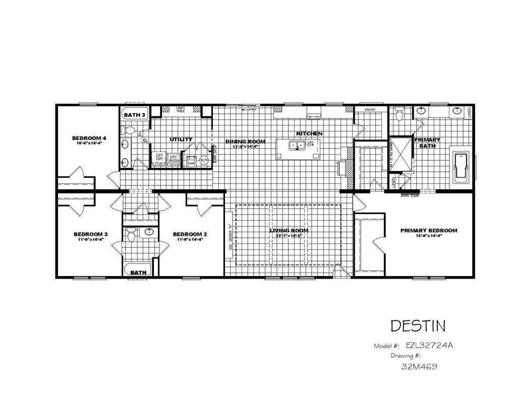 The THE DESTIN Floor Plan. This Manufactured Mobile Home features 4 bedrooms and 3 baths.