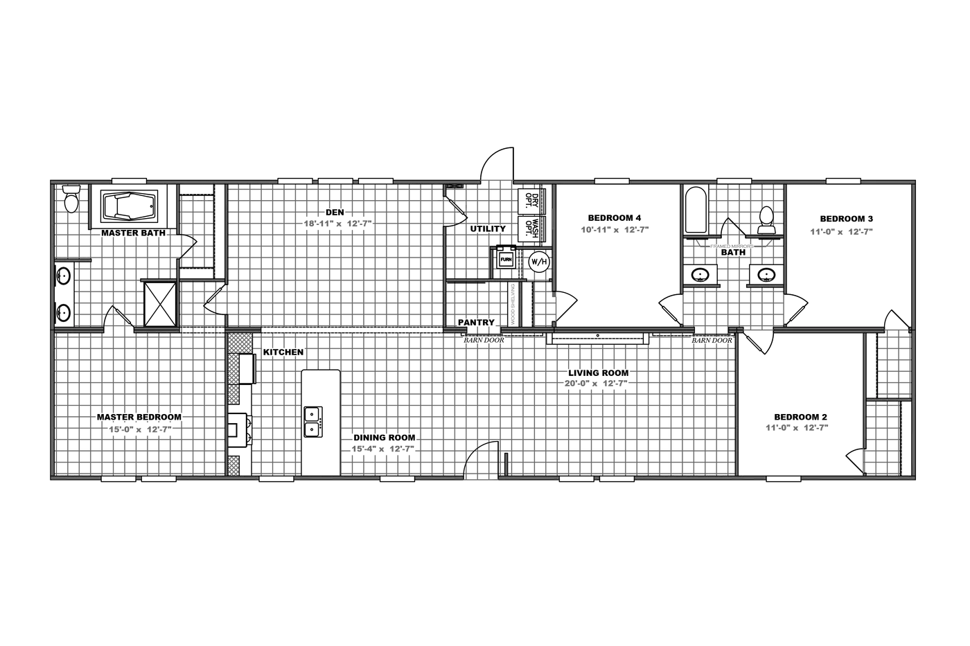 The THE BREEZE II Floor Plan. This Manufactured Mobile Home features 4 bedrooms and 2 baths.