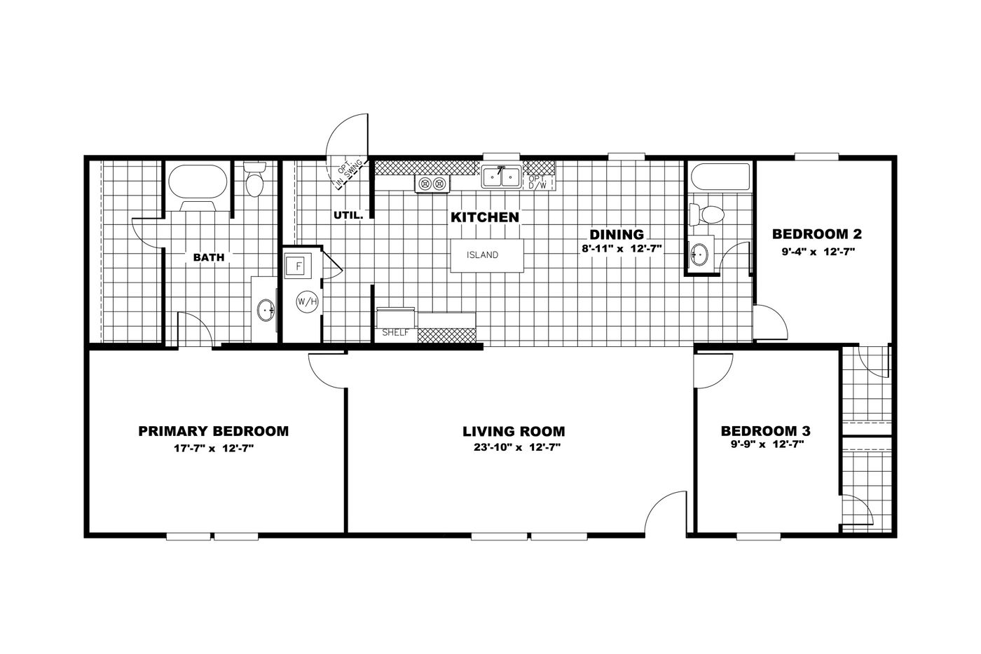 The THRILL Floor Plan. This Manufactured Mobile Home features 3 bedrooms and 2 baths.