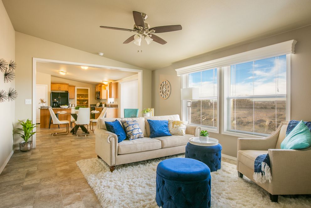 The THE WAVE Living Room. This Manufactured Mobile Home features 4 bedrooms and 2 baths.