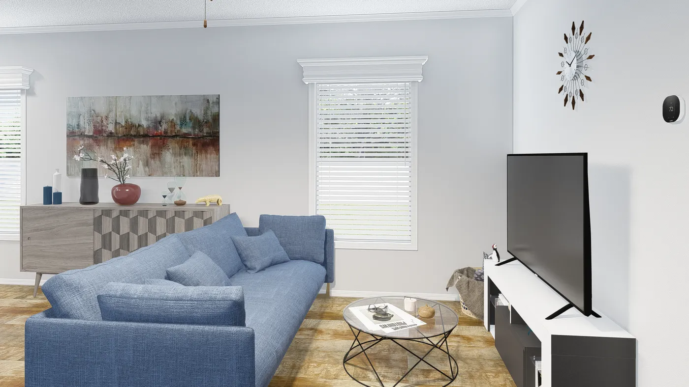 The K1656A Living Room. This Manufactured Mobile Home features 2 bedrooms and 1 bath.