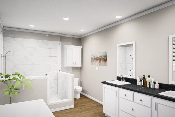 The THE VALHALLA Primary Bathroom. This Manufactured Mobile Home features 3 bedrooms and 2 baths.