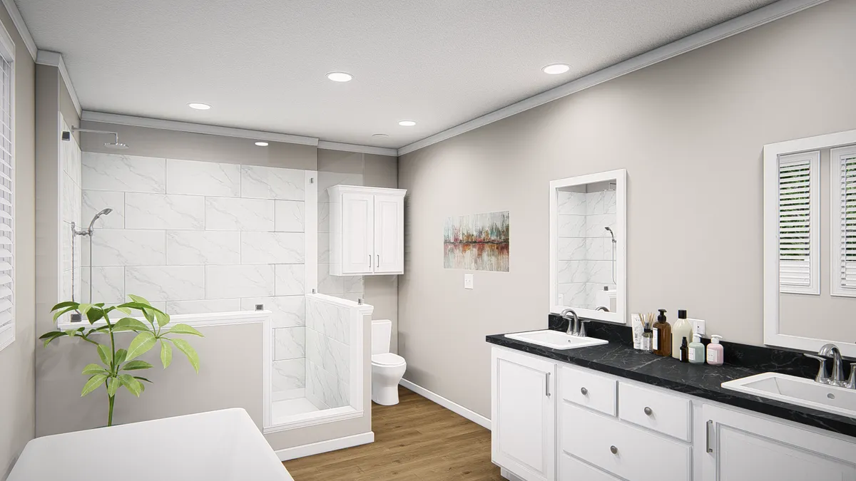 The THE VALHALLA Primary Bathroom. This Manufactured Mobile Home features 3 bedrooms and 2 baths.