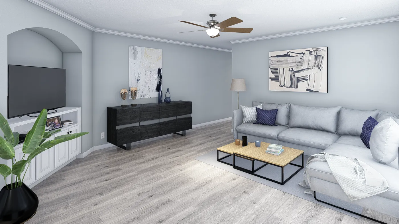 The 101  ADVANTAGE PLUS 7616 Living Room. This Manufactured Mobile Home features 3 bedrooms and 2 baths.
