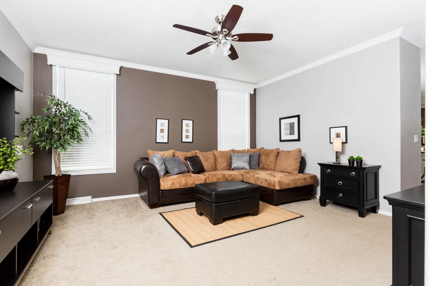 The ENCHANTMENT 3070A Living Room. This Manufactured Mobile Home features 3 bedrooms and 2 baths.