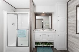 The BLAZER 76 P Primary Bathroom. This Manufactured Mobile Home features 3 bedrooms and 2 baths.