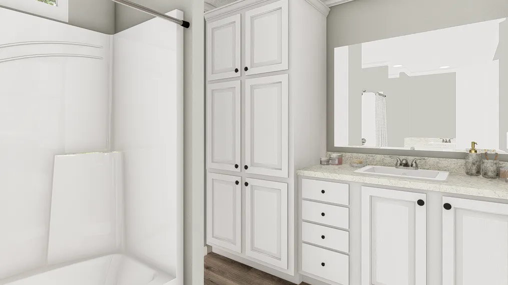 The 926 ADVANTAGE PLUS 7616 Primary Bathroom. This Manufactured Mobile Home features 3 bedrooms and 2 baths.