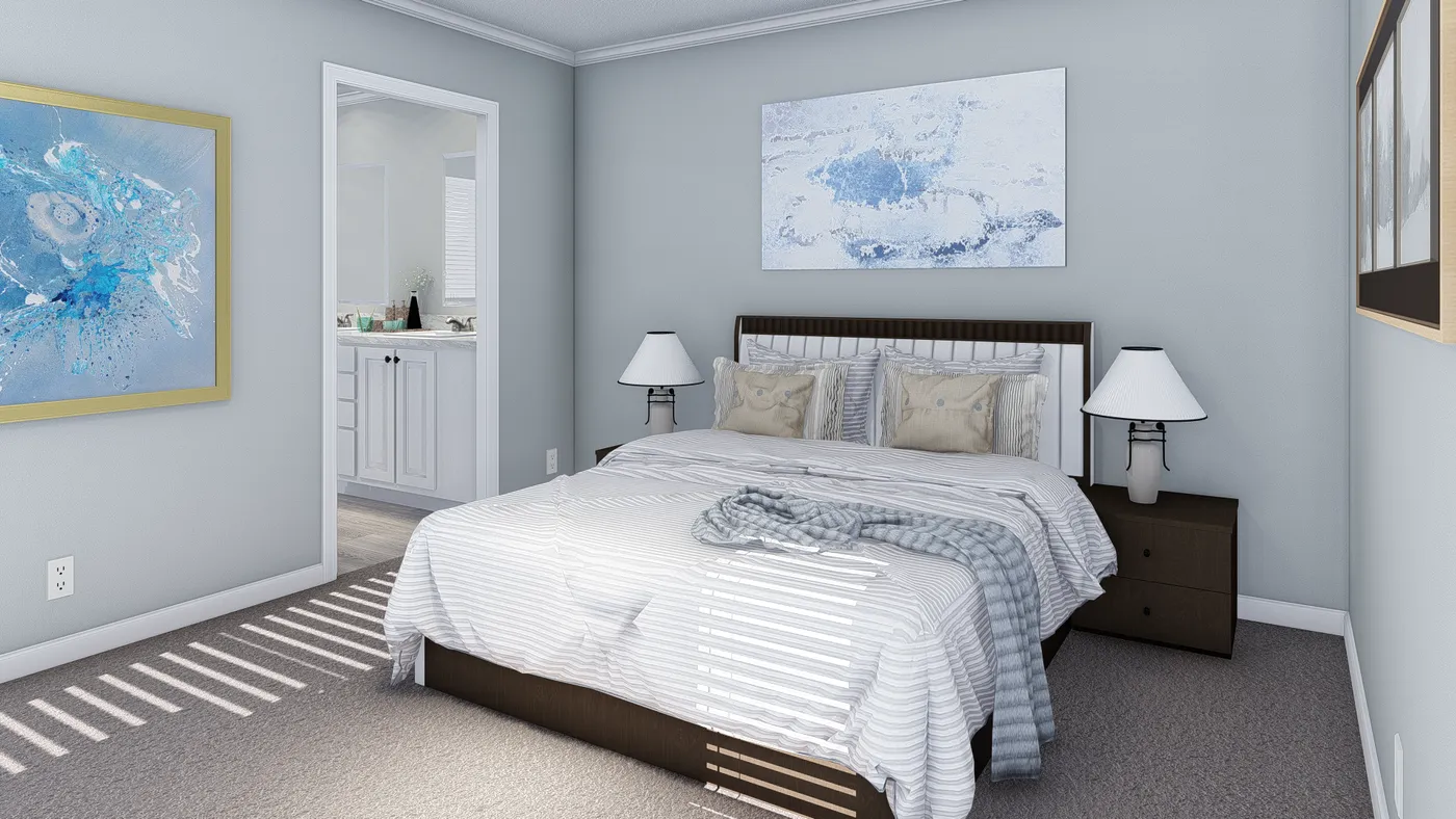 The 101  ADVANTAGE PLUS 7616 Primary Bedroom. This Manufactured Mobile Home features 3 bedrooms and 2 baths.