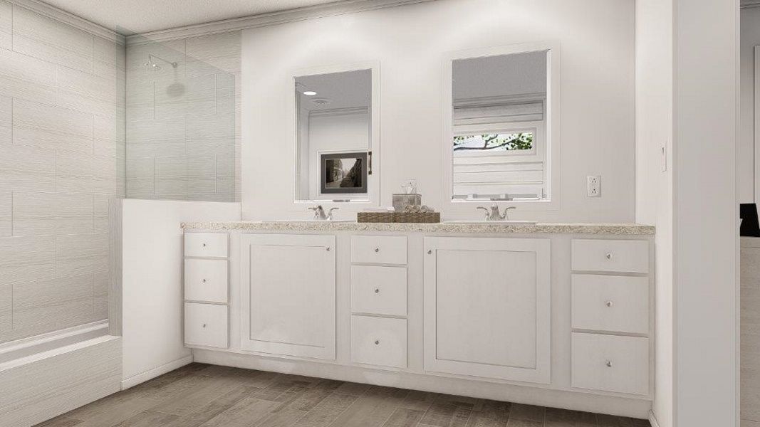 The THE WASHINGTON Primary Bathroom. This Modular Home features 3 bedrooms and 2 baths.