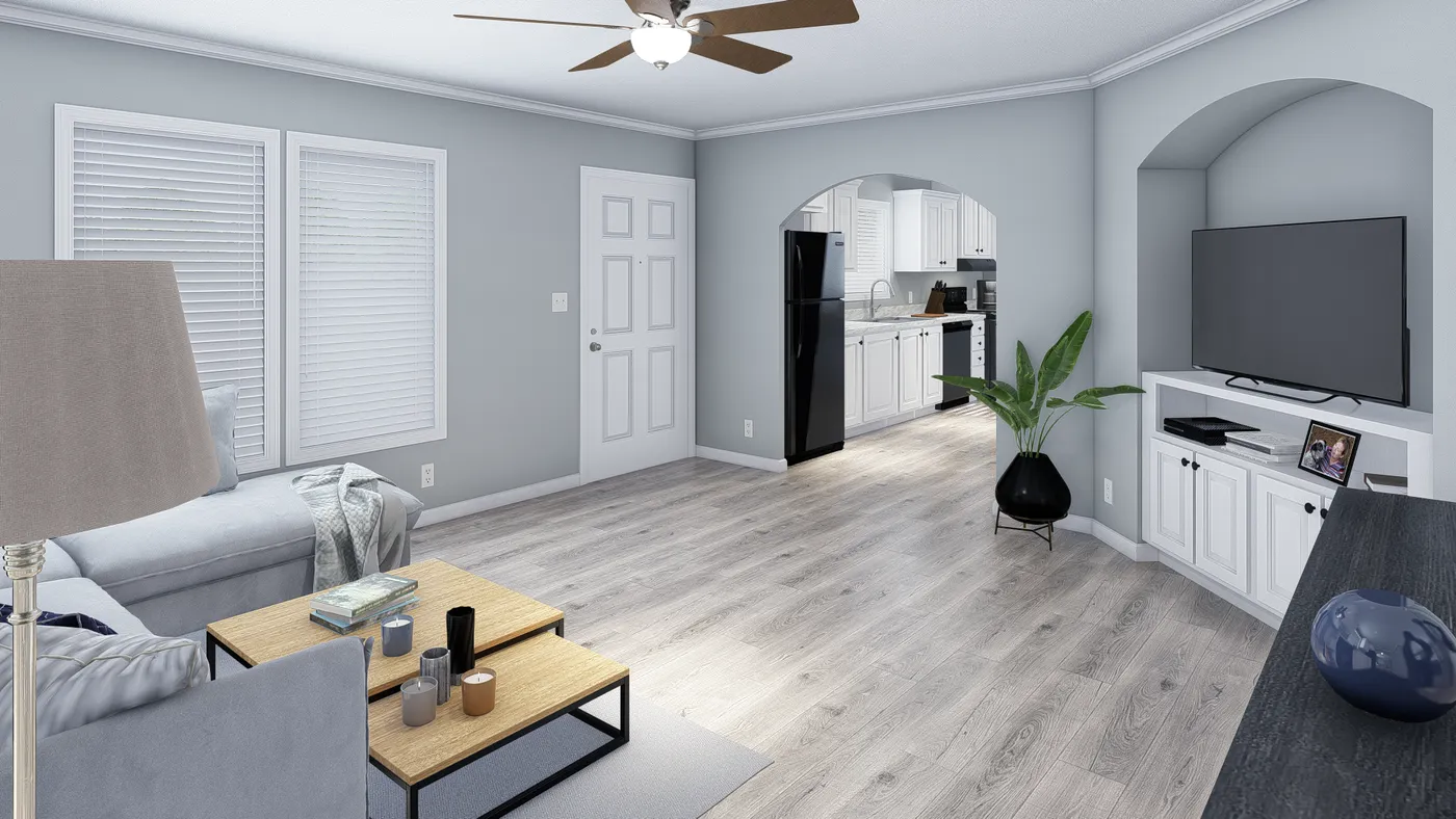 The 101  ADVANTAGE PLUS 7616 Living Room. This Manufactured Mobile Home features 3 bedrooms and 2 baths.
