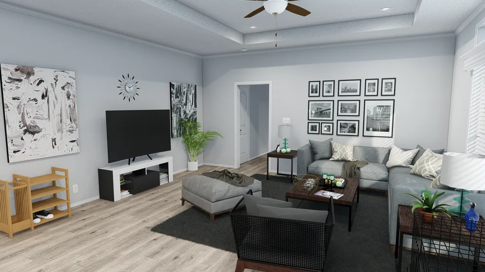 The SUM3076A Living Room. This Manufactured Mobile Home features 4 bedrooms and 2.5 baths.