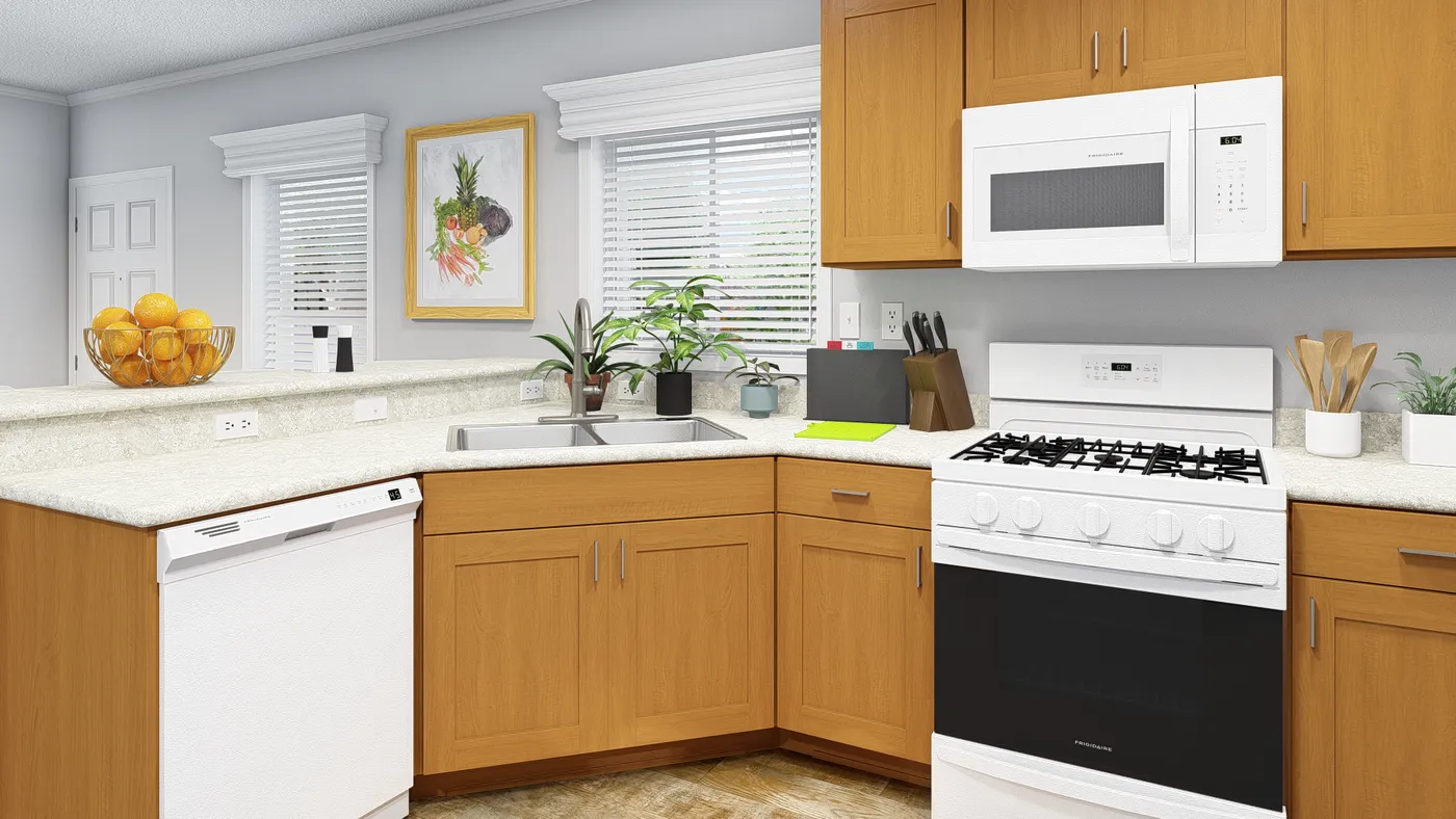 The K1656A Kitchen. This Manufactured Mobile Home features 2 bedrooms and 1 bath.