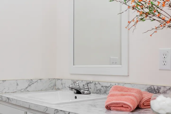 The 1439 CAROLINA "MAGNOLIA" Primary Bathroom. This Manufactured Mobile Home features 3 bedrooms and 2 baths.