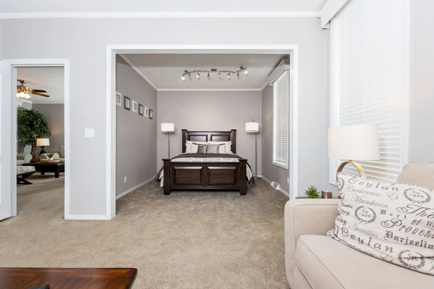 The ENCHANTMENT 3070A Primary Bedroom. This Manufactured Mobile Home features 3 bedrooms and 2 baths.