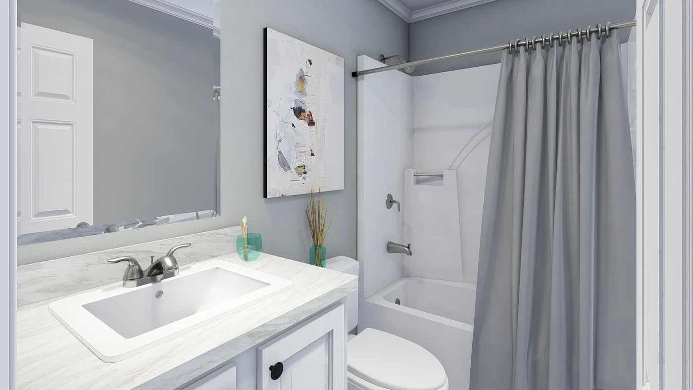 The 101  ADVANTAGE PLUS 7616 Guest Bathroom. This Manufactured Mobile Home features 3 bedrooms and 2 baths.
