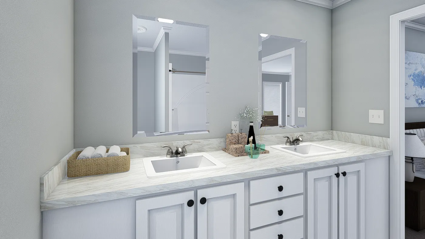 The 101  ADVANTAGE PLUS 7616 Primary Bathroom. This Manufactured Mobile Home features 3 bedrooms and 2 baths.