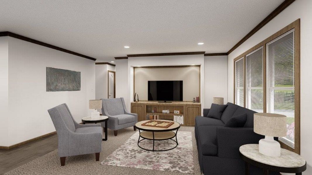 The THE WASHINGTON Living Room. This Modular Home features 3 bedrooms and 2 baths.