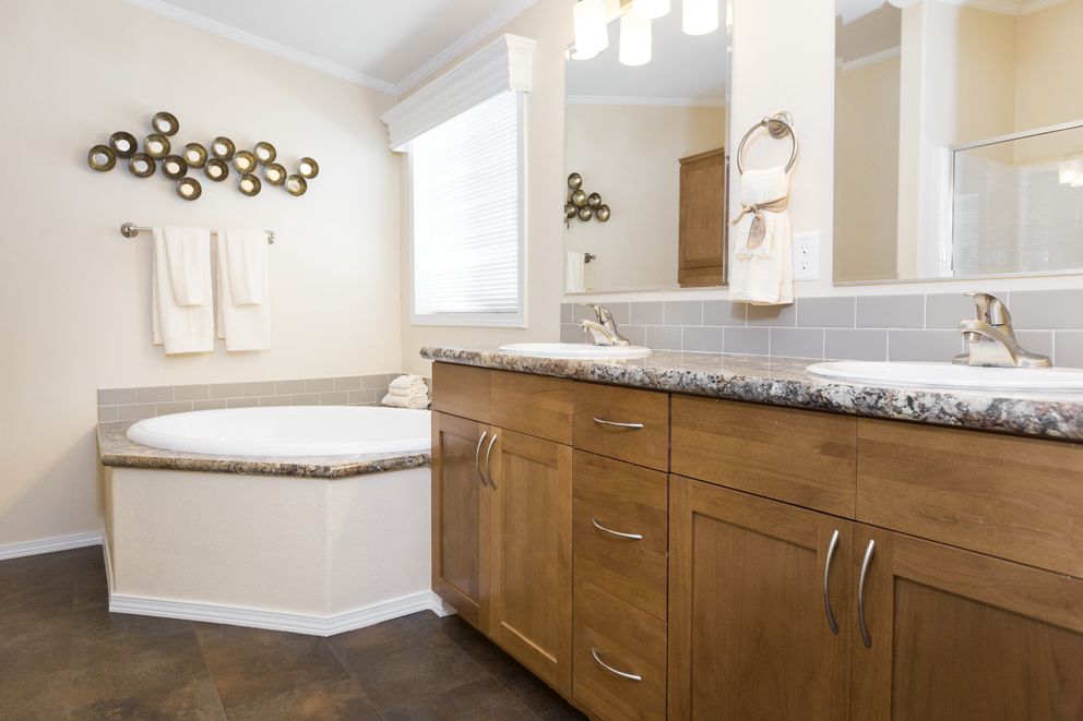 The K2750A Primary Bathroom. This Manufactured Mobile Home features 3 bedrooms and 2 baths.