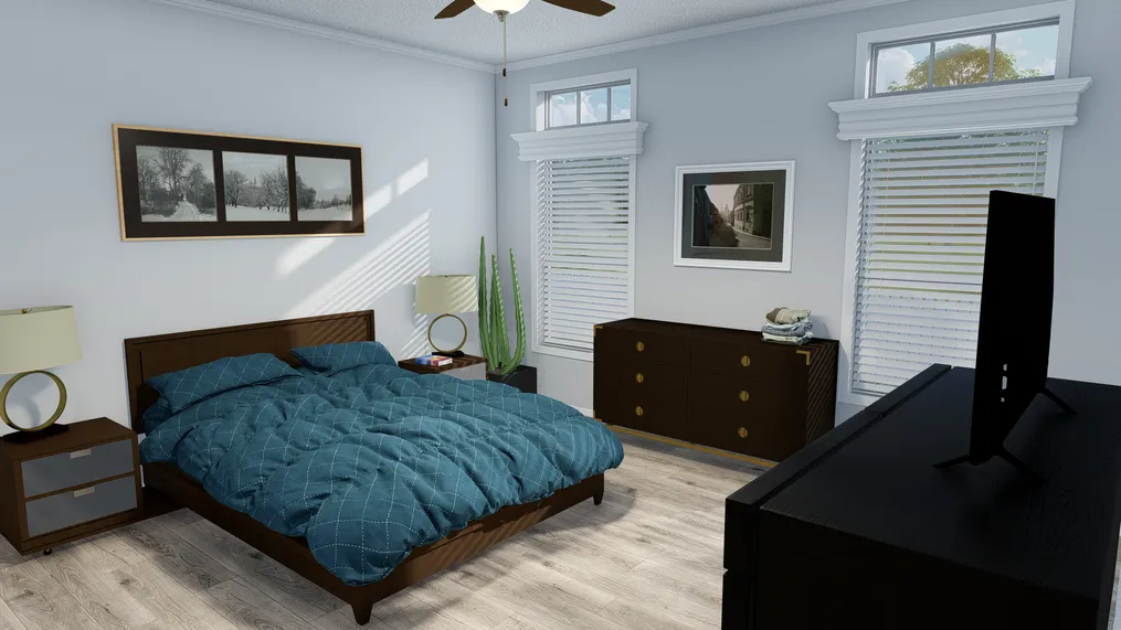 The SUM3076A Primary Bedroom. This Manufactured Mobile Home features 4 bedrooms and 2.5 baths.