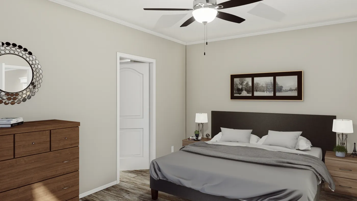 The K1668A Primary Bedroom. This Manufactured Mobile Home features 2 bedrooms and 2 baths.