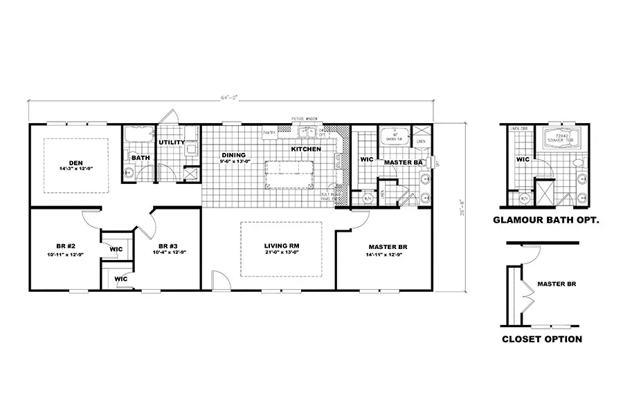 The 5530 64X28 SWEET ONE MOD Floor Plan. This Manufactured Mobile Home features 3 bedrooms and 2 baths.